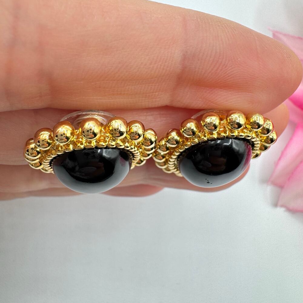Vintage Erwin Pearl P.E.P. Signed Black Oval Cabochon Gold Tone Sputnik Earrings - Picture 2 of 7